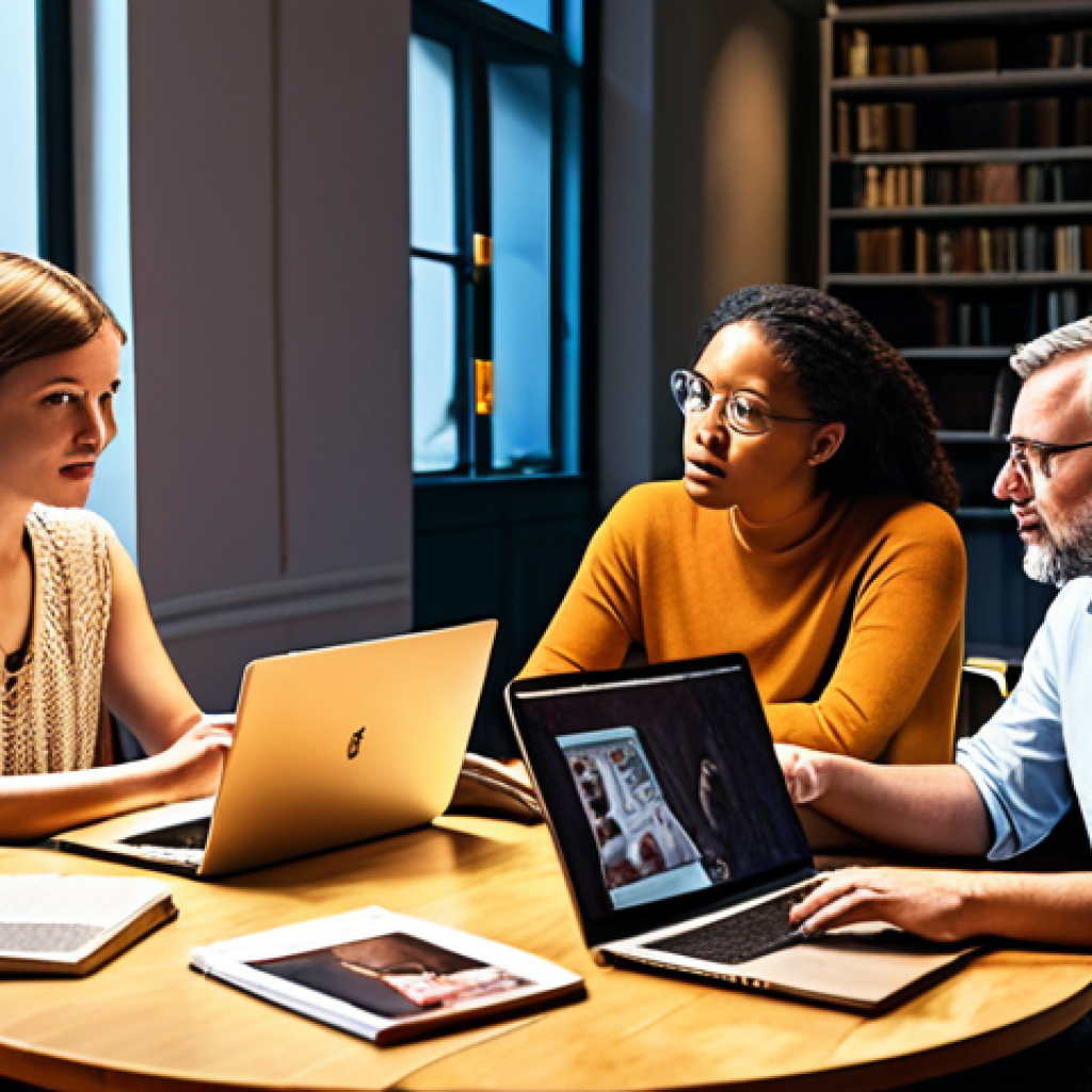 **A diverse group of people engaged in a lively discussion around a table filled with laptops and books. The scene is bathed in warm, inviting light, symbolizing interdisciplinary collaboration and ethical reflection on AI's impact.  Include elements suggesting technology, philosophy, law, and social sciences. The atmosphere should be collaborative and forward-thinking.**