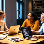 **A diverse group of people engaged in a lively discussion around a table filled with laptops and books. The scene is bathed in warm, inviting light, symbolizing interdisciplinary collaboration and ethical reflection on AI's impact.  Include elements suggesting technology, philosophy, law, and social sciences. The atmosphere should be collaborative and forward-thinking.**