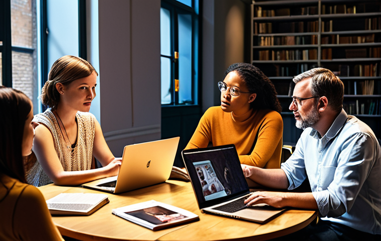 **A diverse group of people engaged in a lively discussion around a table filled with laptops and books. The scene is bathed in warm, inviting light, symbolizing interdisciplinary collaboration and ethical reflection on AI's impact.  Include elements suggesting technology, philosophy, law, and social sciences. The atmosphere should be collaborative and forward-thinking.**