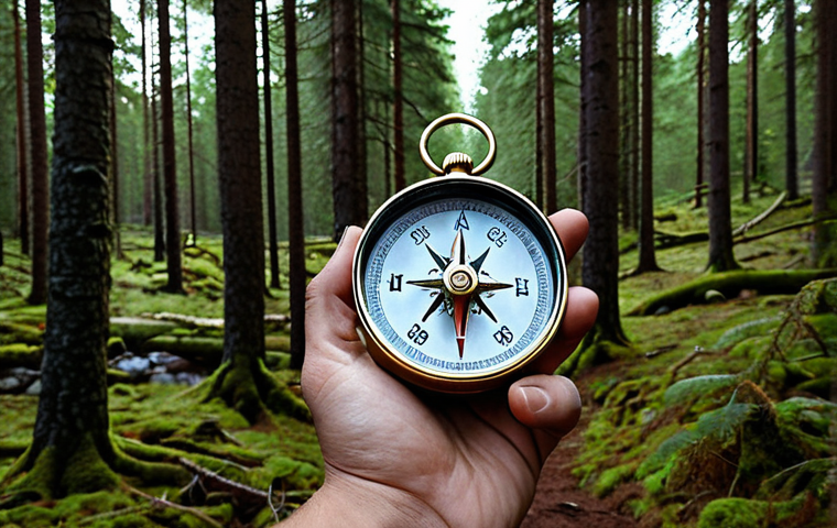 **A person navigating a dense Swedish forest (snårskog) with a compass in hand, symbolizing ethical AI development. The forest is partially illuminated, hinting at the challenges and the need for guidance.**